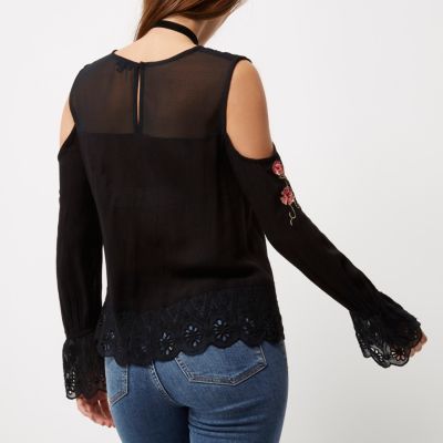 Black embroidered cold shoulder top